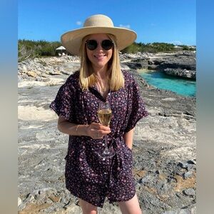 FRAME Denim Navy button front dress with Pink Floral Print